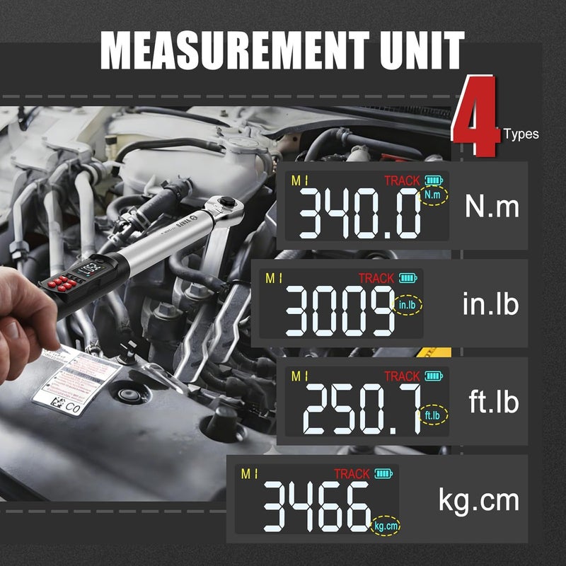 VANPO 1/2-Inch Digital Torque Wrench, 12.5–250.8 ft-lb/17–340 Nm, ±2% Accuracy, Electronic Torque Wrench with LCD Display, Audible & Vibration Alert, Easy Battery Access, for Car & Mechanic Repair - Image 3